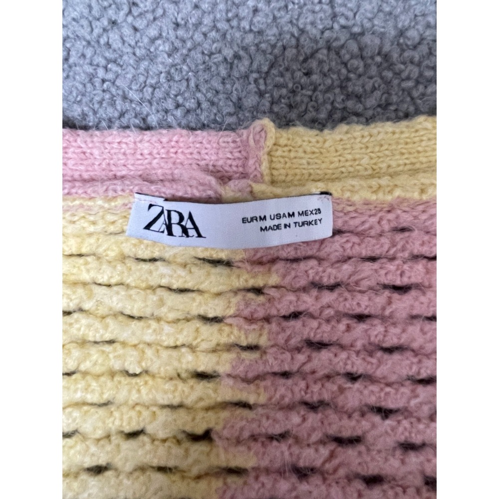 Zara Womens Cropped Chunky Knit Button Cardigan pink yellow medium - Picture 3 of 8